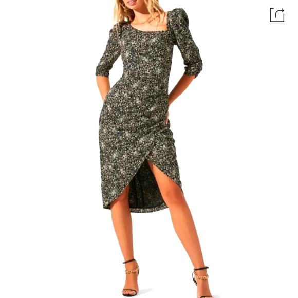 Astr Dresses & Skirts - ASTRA / Symmetric Neck Puff Shoulder Dress In Black Floral / L / NWT